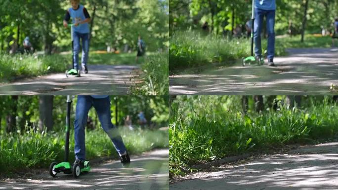 男孩骑着迷你踏板车，在公园里慢动作踢踏板车。1920x1080