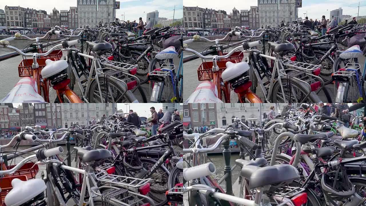 数百辆自行车在运河边出租