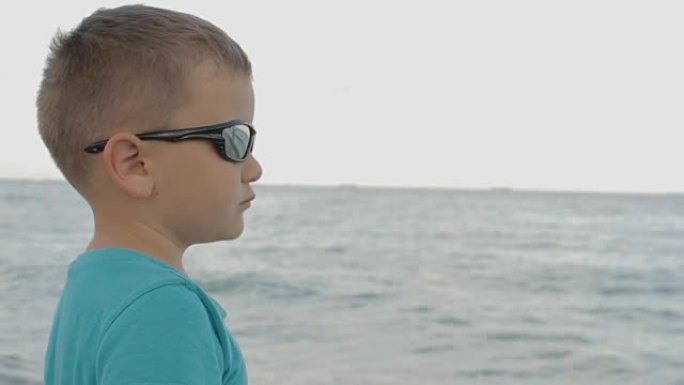 戴着墨镜的男孩看着大海