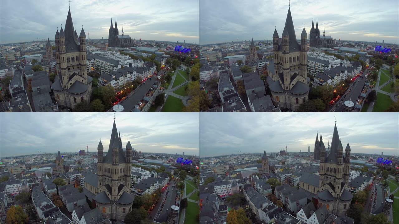科隆的圣马丁大教堂，市政厅，大教堂的天线。美丽的航拍欧洲，文化和风景，镜头在空中移动。无人驾驶飞机在