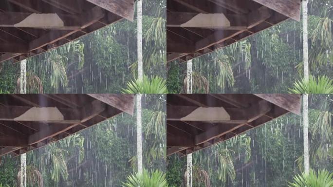 雨水从屋顶滴落