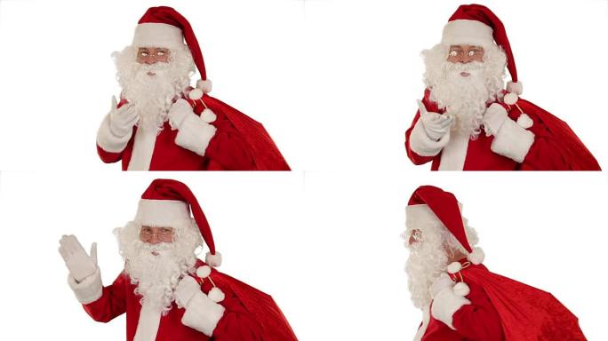 圣诞老人提着包，看着相机发了个热吻和挥手，白