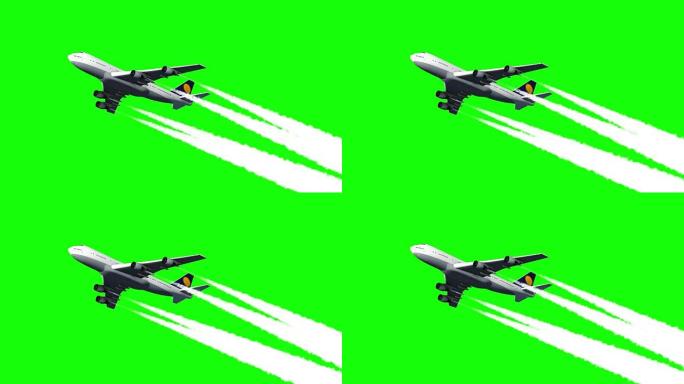 绿屏飞行的巨型喷气式飞机的计算机渲染