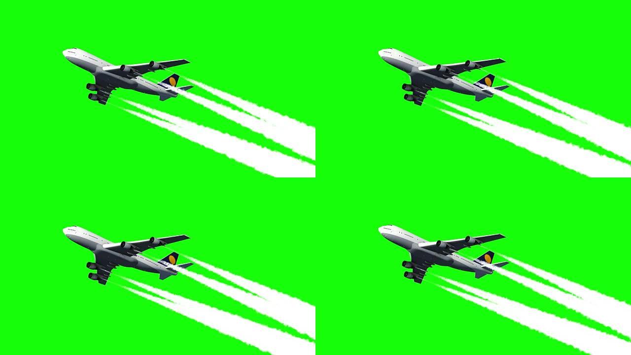 绿屏飞行的巨型喷气式飞机的计算机渲染