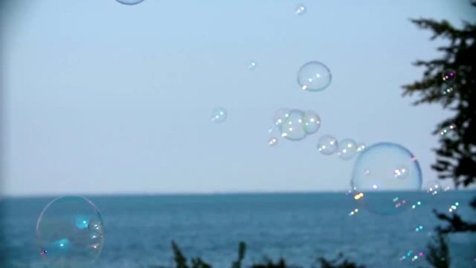 漂浮在海洋景观周围的肥皂泡