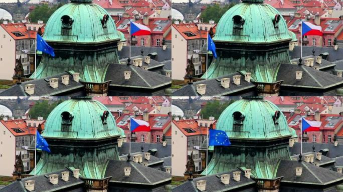 捷克和欧盟的旗帜飘扬在政府大楼上。美丽的欧洲，文化和风景。旅游观光，游览捷克共和国的地标。世界旅行，