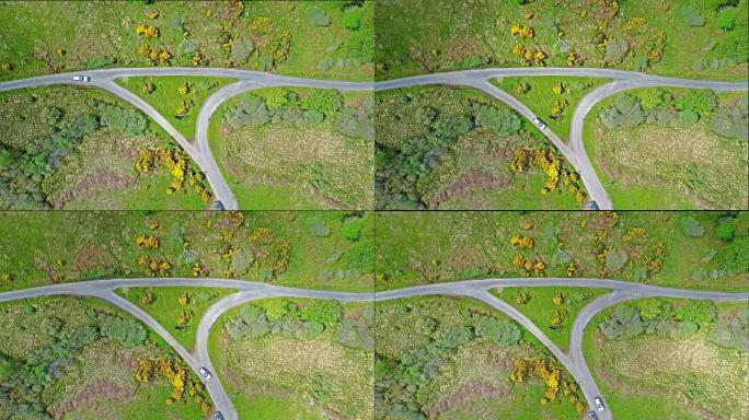 苏格兰高地的鸟瞰图，单线路和道岔路口