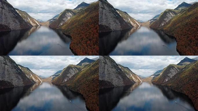 在德国巴伐利亚州贝希特斯加登国家公园的科尼西湖上空飞行。