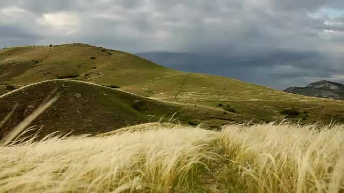 羽毛草中的山丘和乌云中的地平线