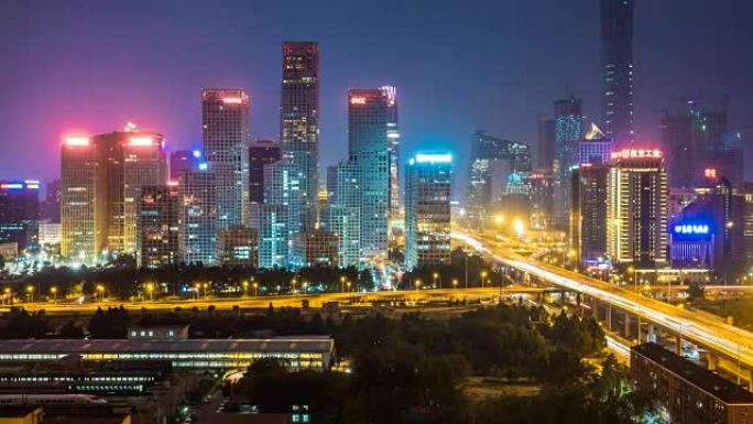 建外SOHO的时间流逝，中国北京夜间的CBD天际线