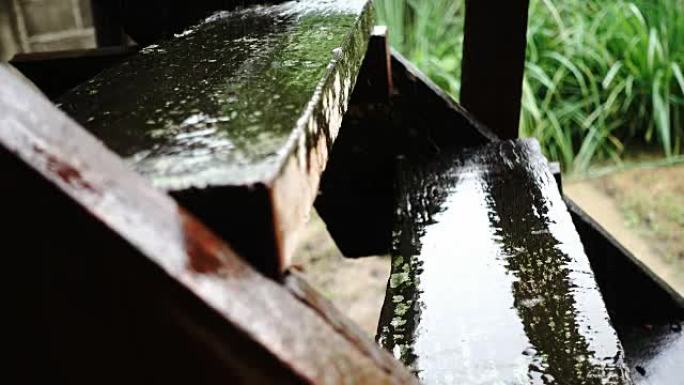 雨季木勺上的4k雨滴
