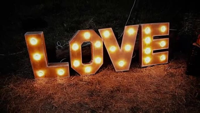 爱字由字母组成，晚上灯泡站在草坪上突出显示。