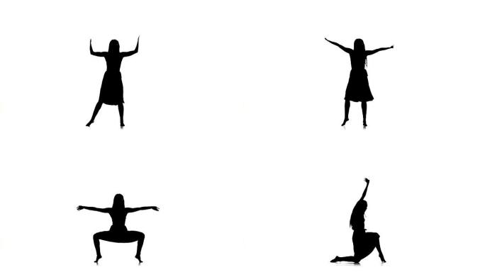 优雅的长发女孩继续跳舞现代风格的白色，剪影，慢动作