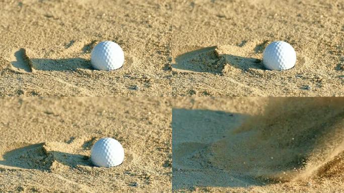 慢动作从沙坑击中高尔夫球