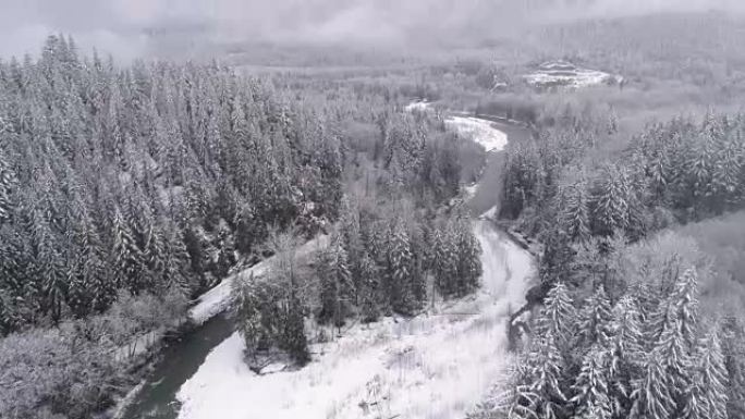 飞盘到雪山森林的史诗般的冬季景观，雪花落在冰冷的河上