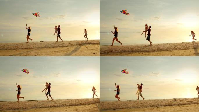妈妈和孩子们玩风筝。孩子们在海滩上跑步很开心，无忧无虑。快乐的童年