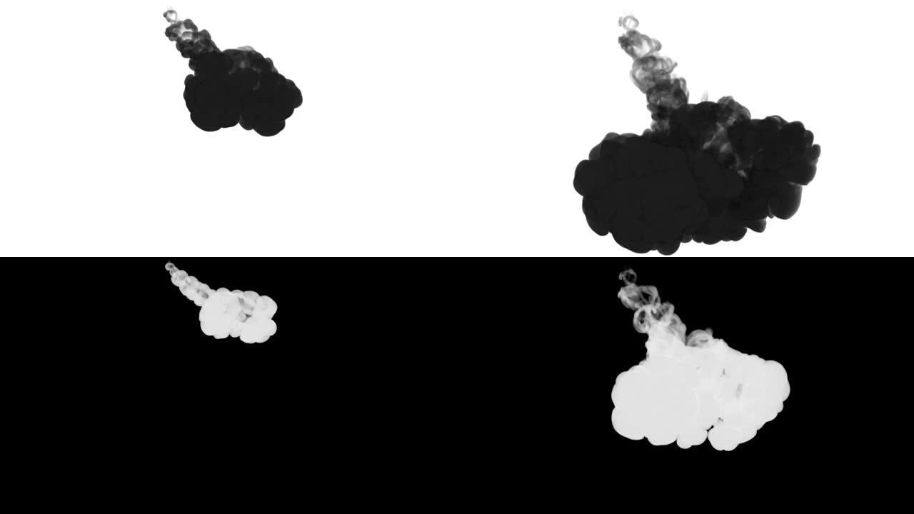 一股墨水流，注入黑色染料云或烟雾，墨水以慢动作注入白色。黑色在水中打开。漆黑的背景或烟雾背景，用于墨