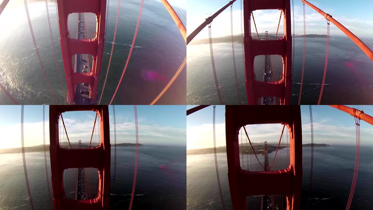 金门大桥。在晴朗的晴天，旧金山金门大桥的空中拍摄。鸟瞰图金门大桥，旧金山，美国-空中低空视图金门大桥