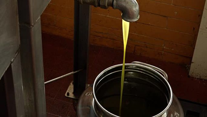 油厂-橄榄油生产: 落入不锈钢罐中的特级初榨油