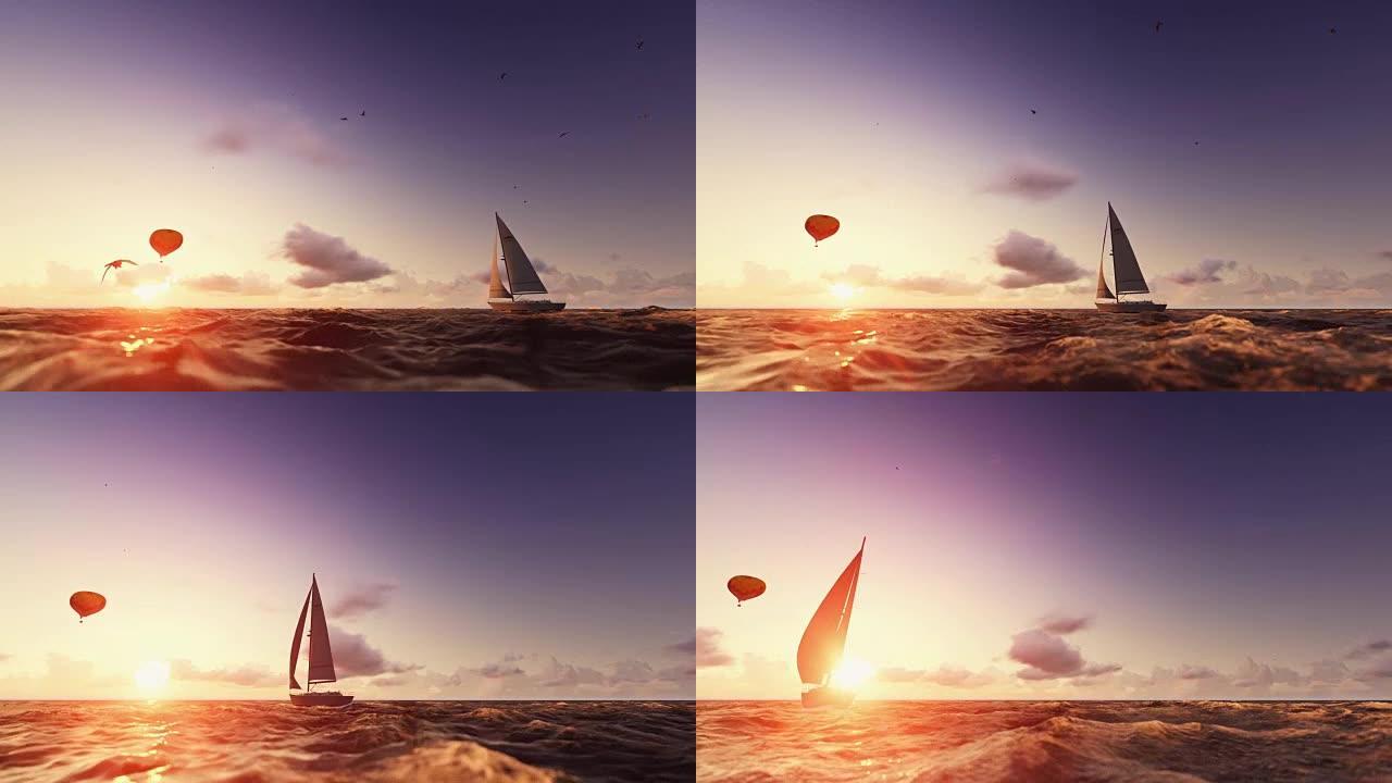 日出夏季时间，气球和游艇航行，海上飞行