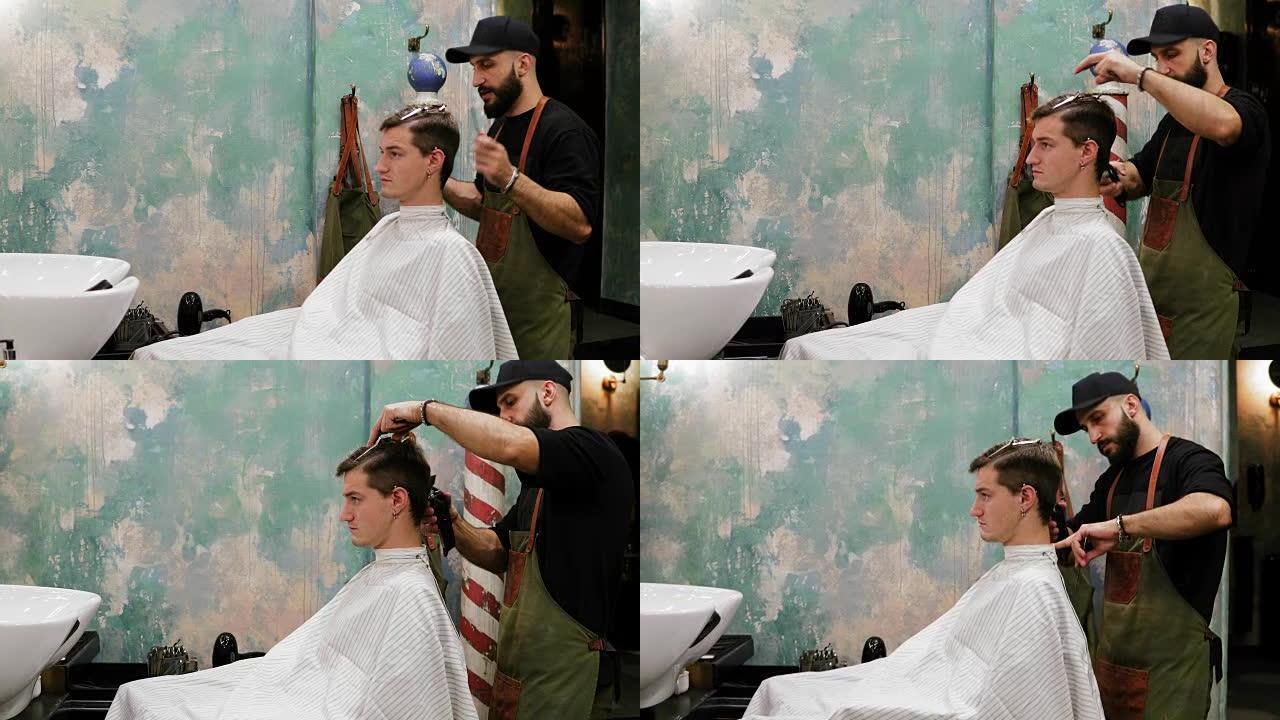 一个成年男子的肖像，他正在被修剪头发的胡须理发师剪头发