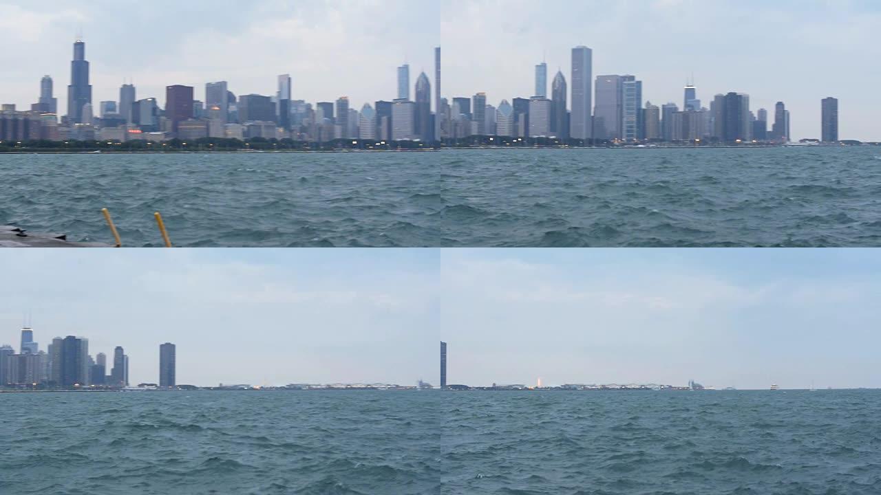在多云的灰色日子里，从芝加哥天际线到密歇根湖滨水区的潘潘潘宁建立了镜头