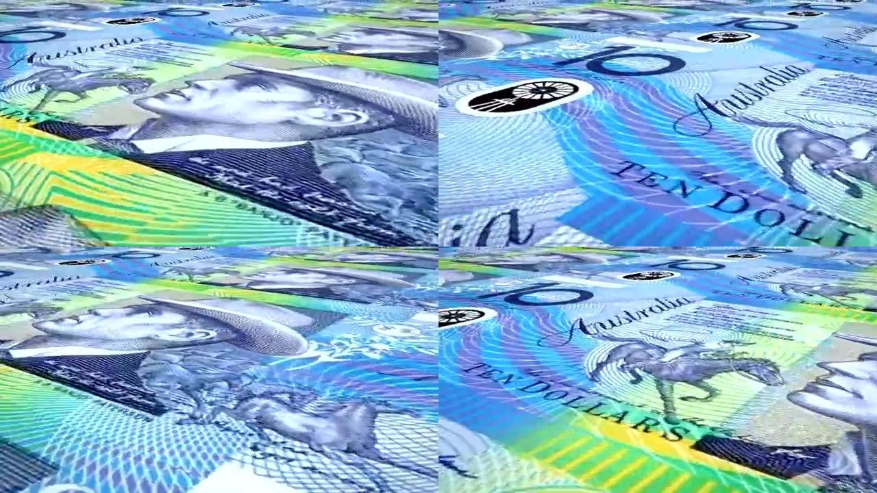 十澳元的钞票在屏幕上滚动，现金，循环