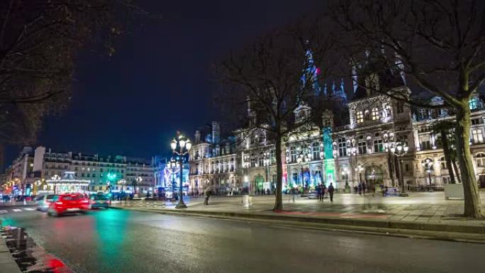 法国之夜照明巴黎著名酒店德维尔交通街景4k延时
