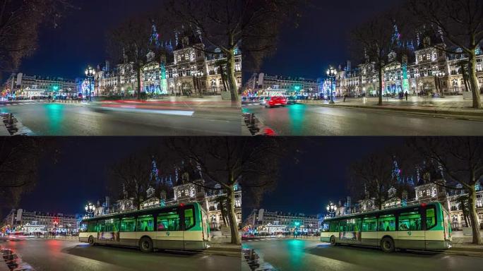 法国之夜照明巴黎著名酒店德维尔交通街景4k延时