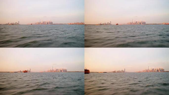 从曼哈顿到史坦顿岛的日落渡轮从纽约经过4k时间