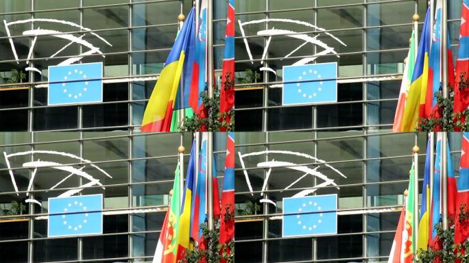 欧盟旗帜葡萄牙，罗马尼亚，斯洛伐克，欧洲议会大厦。美丽的欧洲，文化和风景。旅游观光，游览比利时的地标