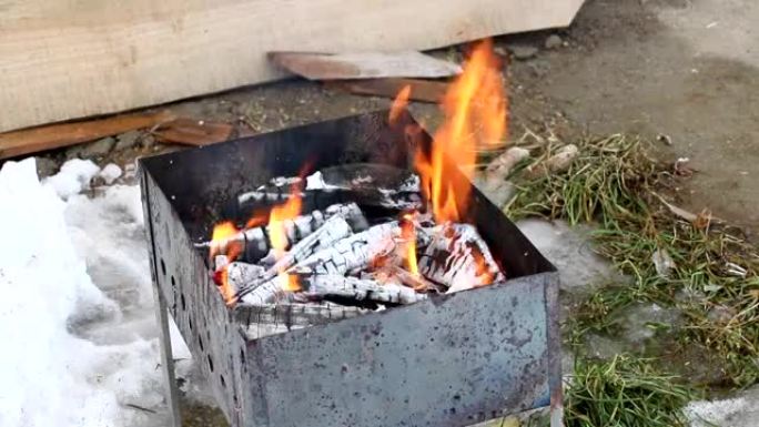东欧: 生活方式。火盆里有燃烧的木头。