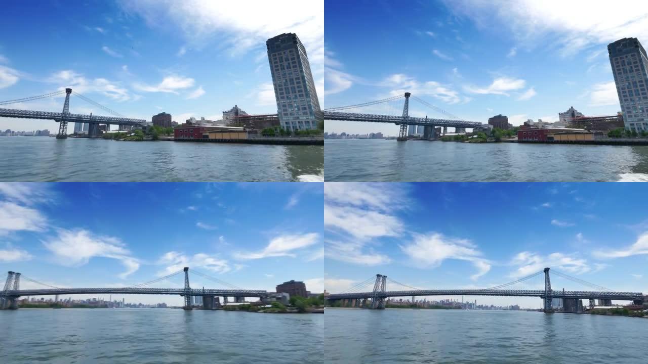 纽约市，大约2015年6月-威廉斯堡大桥的全景镜头，远处是曼哈顿的天际线。