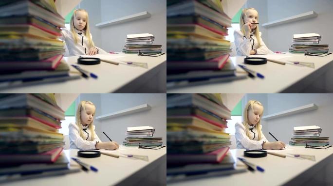 体贴的女学生用铅笔写在一张白纸上。