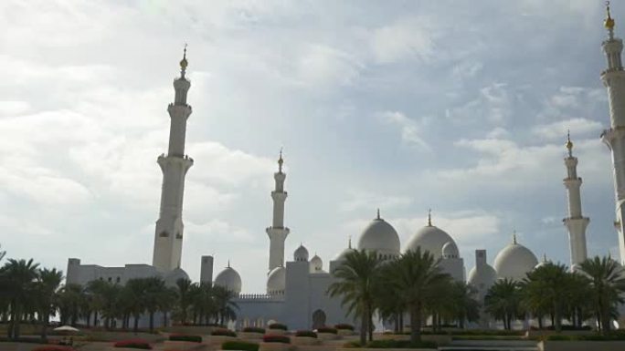 阿布扎比最著名的大清真寺阳光天公路旅行全景4k阿拉伯联合酋长国