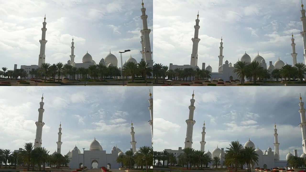 阿布扎比最著名的大清真寺阳光天公路旅行全景4k阿拉伯联合酋长国