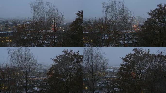 瑞士黄昏冬季白雪皑皑著名苏黎世视点城市景观全景4k