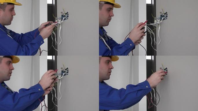 电工使用万用表在墙壁夹具插座中检查插座电压