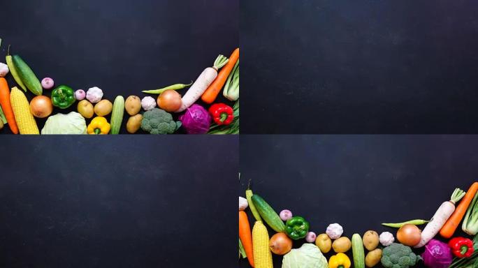 停止运动动画顶视图蔬菜和平移黑色背景复制空间