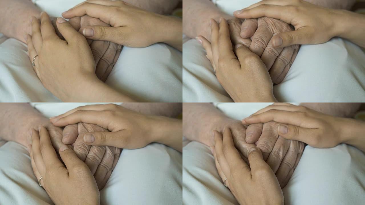 一位年轻的女性双手安慰一双老人的手