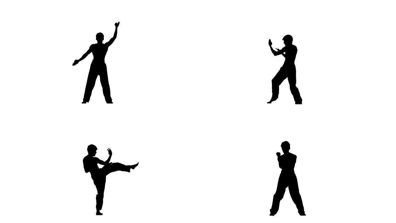 男子训练跆拳道或空手道孤立在白色，剪影