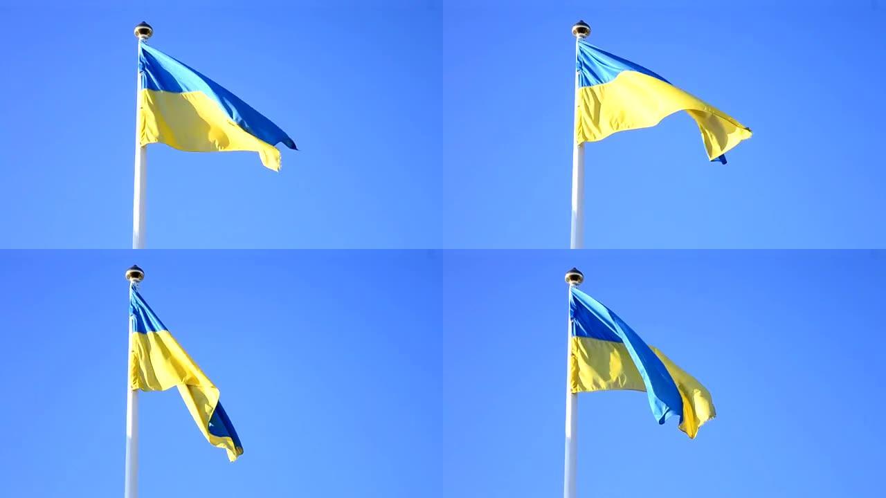 乌克兰黄蓝国旗飘扬被强风吹拂