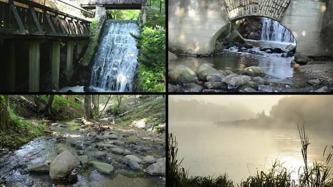 流淌的瀑布水。浓雾中的河流。视频剪辑拼贴