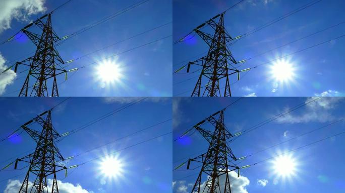 电源线和天空中的太阳 (时间流逝)