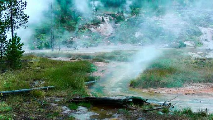 无缝环路-美国怀俄明州黄石国家公园雨中的地热温泉。多色水池中显示的雨滴。