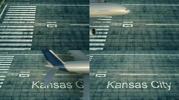 到达堪萨斯城机场的大飞机的鸟瞰图。赴美旅行概念性介绍动画