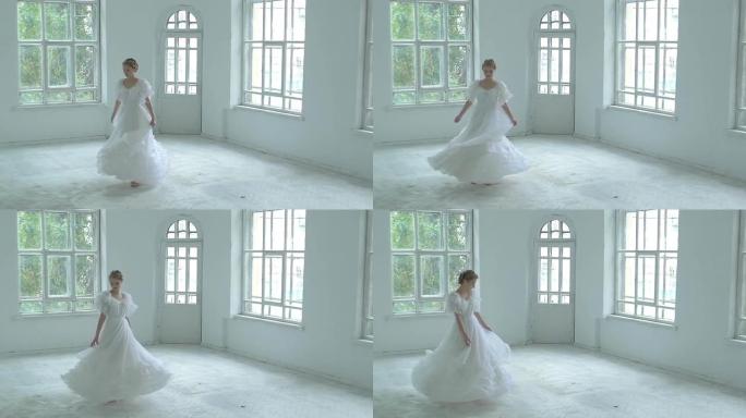 穿着白色连衣裙的漂亮女孩在房间中间旋转，慢动作