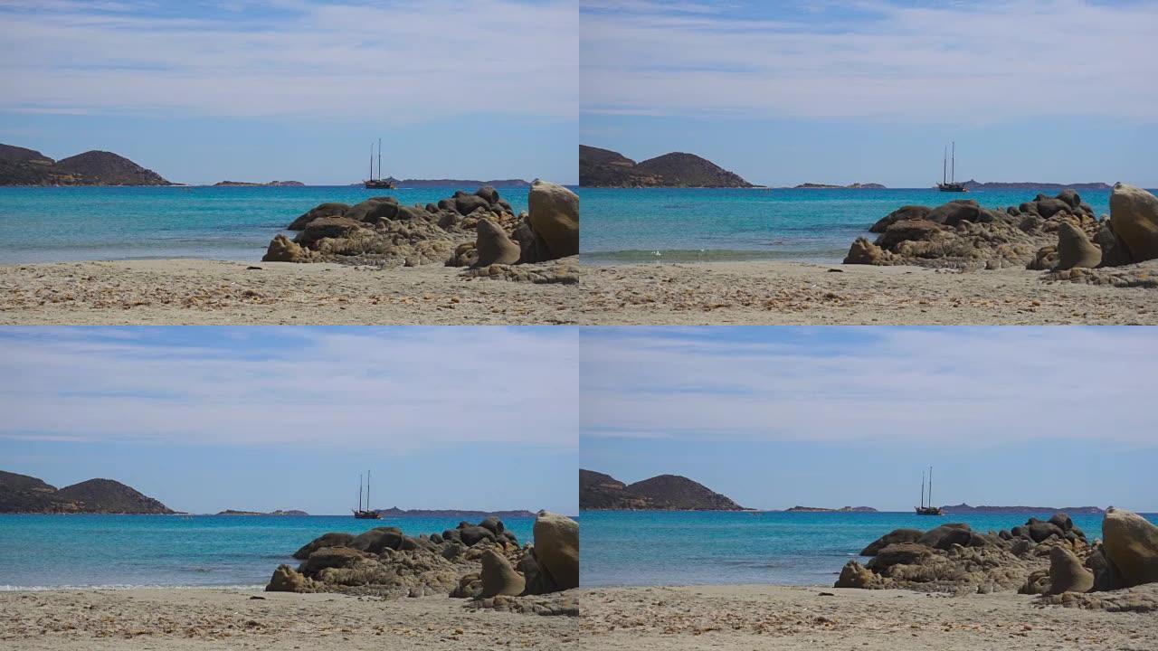 帆船和风景秀丽的撒丁岛意大利地中海海湾与岩石