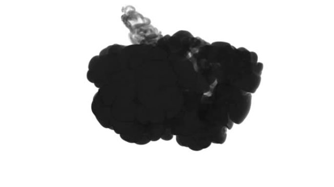 一股墨水流，注入黑色染料云或烟雾，墨水以慢动作注入白色。黑色在水中打开。漆黑的背景或烟雾背景，用于墨