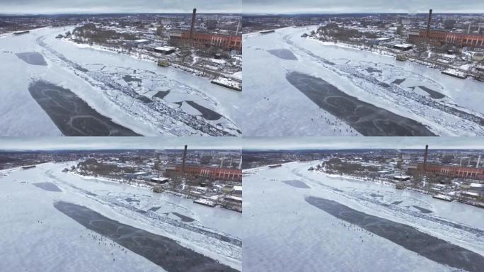 冰冻的河流和冰上捕鱼-鸟瞰图